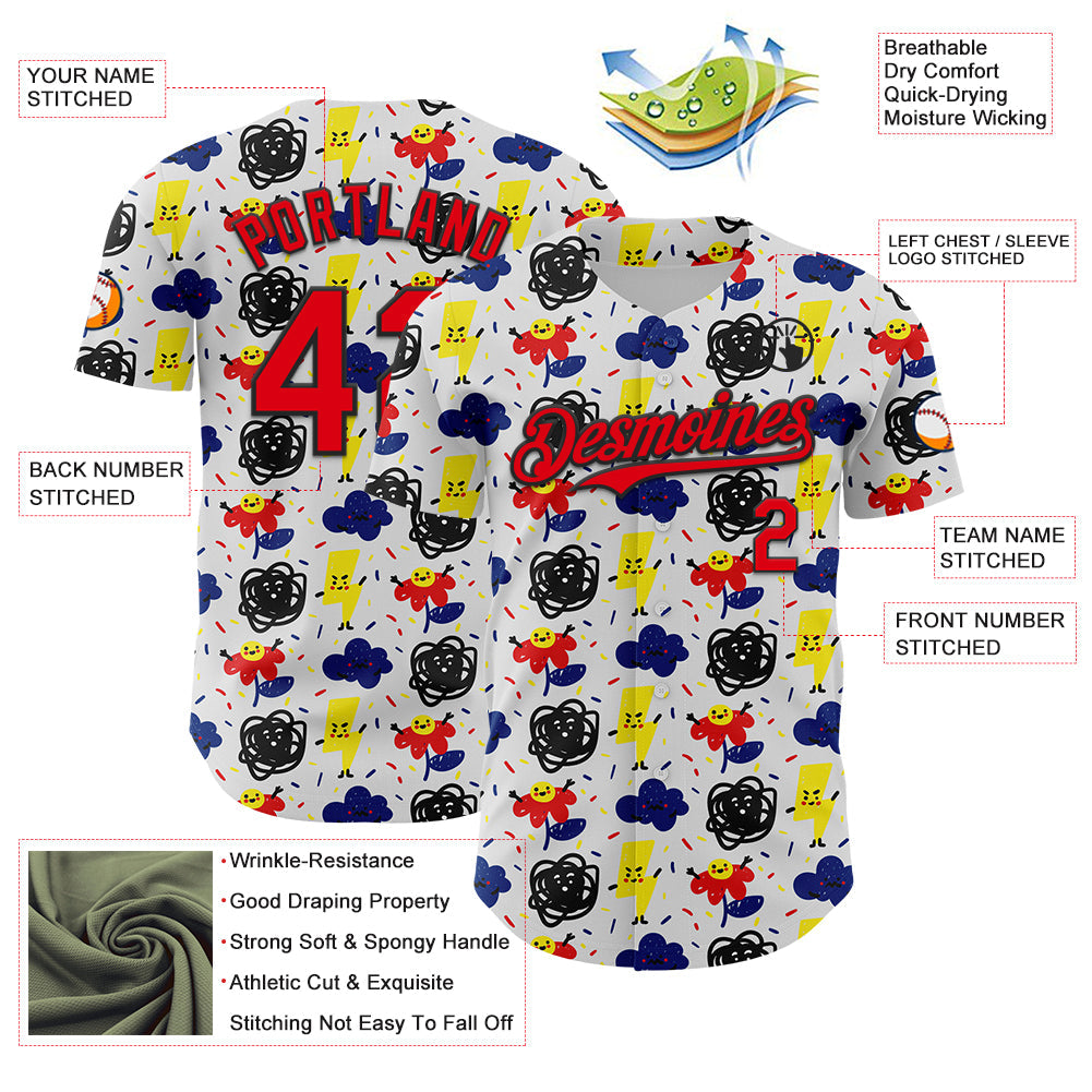 Custom White Fire Red-Black 3D Pattern Design Funny Cartoon Flower Cloud Lightning Authentic Baseball Jersey view 3