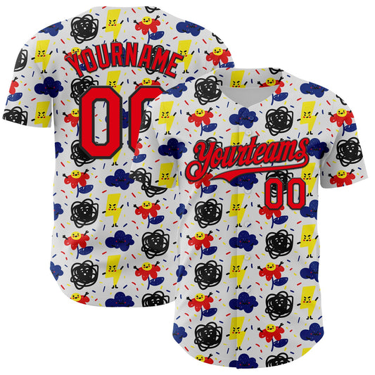 Custom White Fire Red-Black 3D Pattern Design Funny Cartoon Flower Cloud Lightning Authentic Baseball Jersey - Main View
