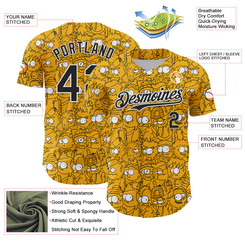 Custom Gold Black-White 3D Pattern Design Funny Cartoon People Authentic Baseball Jersey view 3