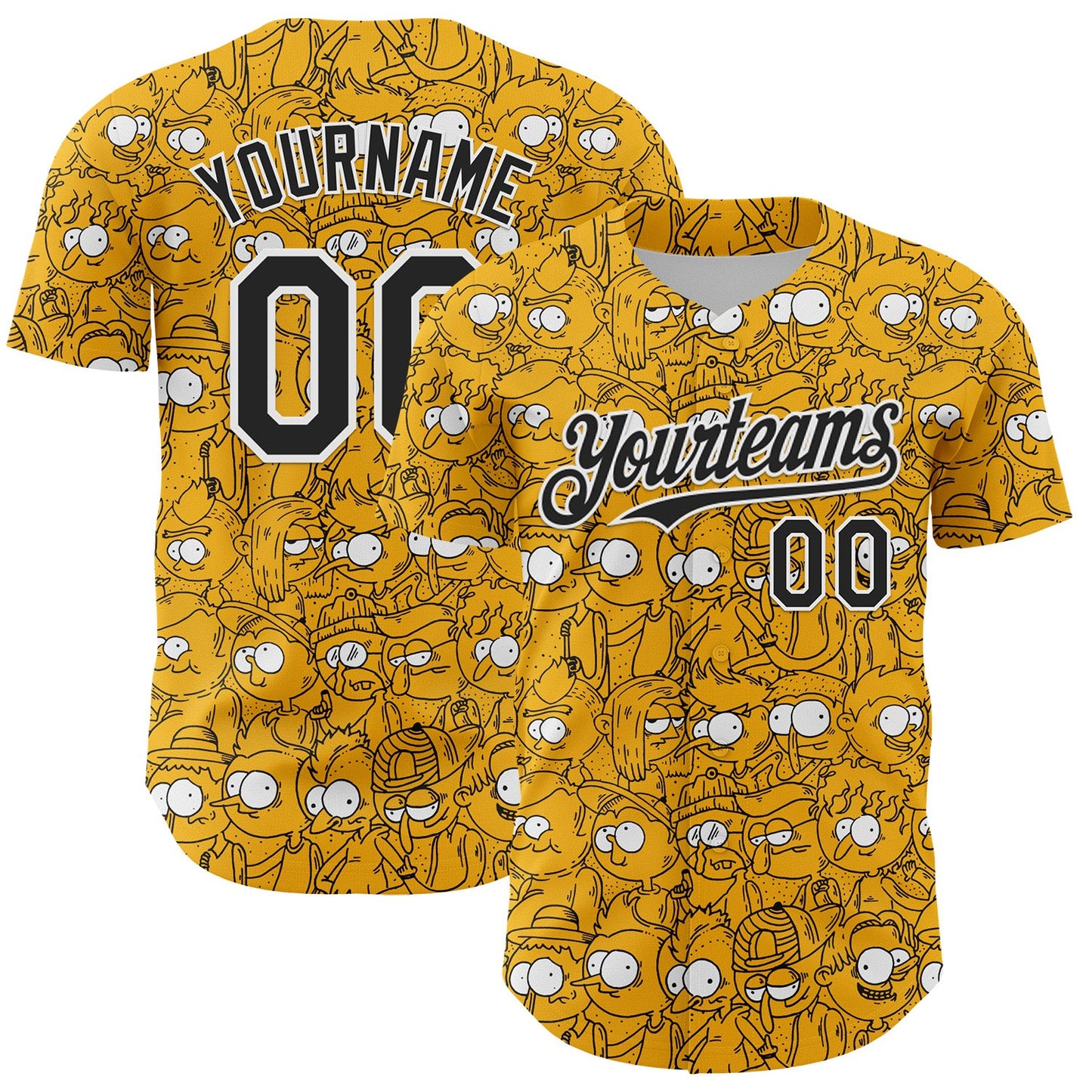 Custom Gold Black-White 3D Pattern Design Funny Cartoon People Authentic Baseball Jersey - Main View