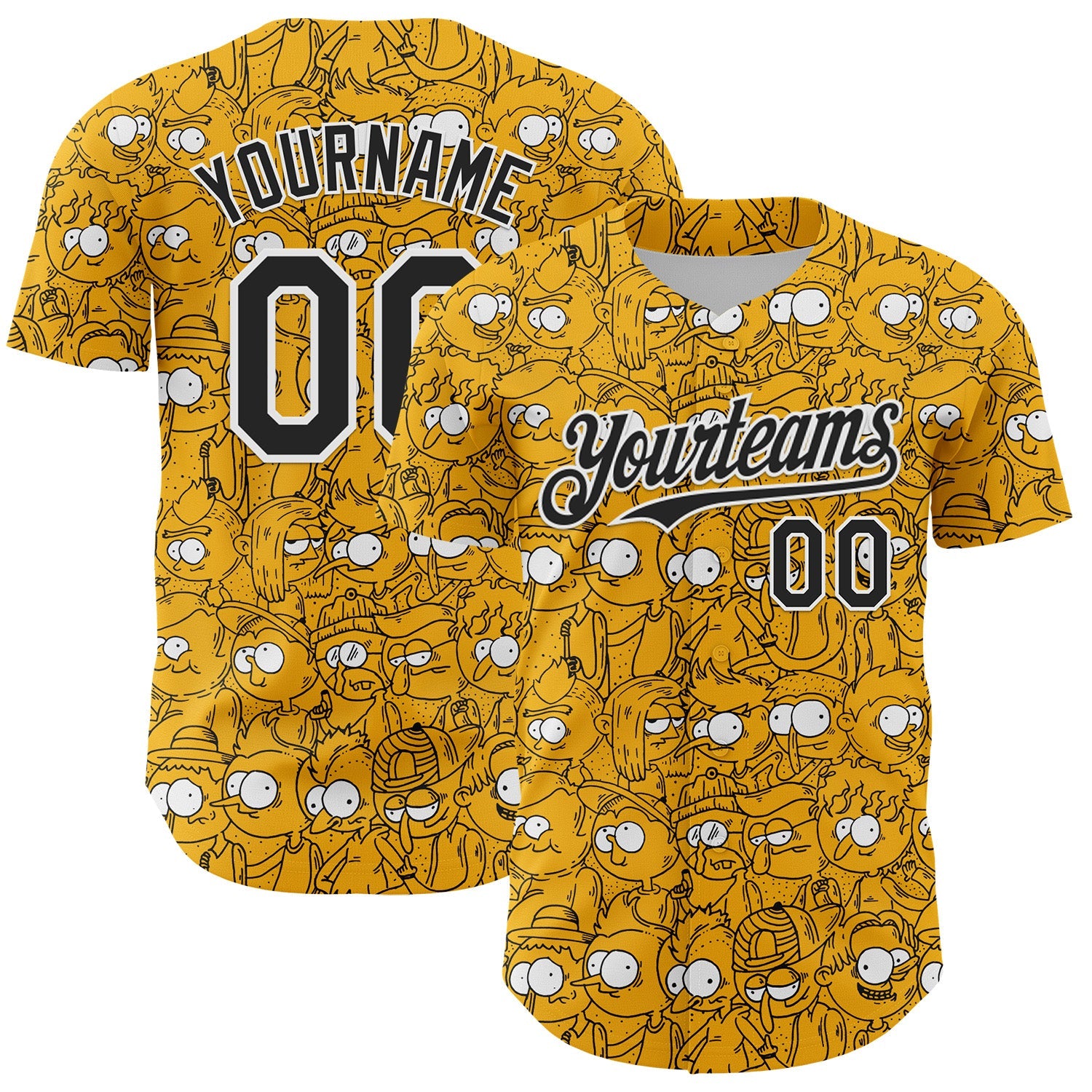 Custom Gold Black-White 3D Pattern Design Funny Cartoon People Authentic Baseball Jersey - Main View