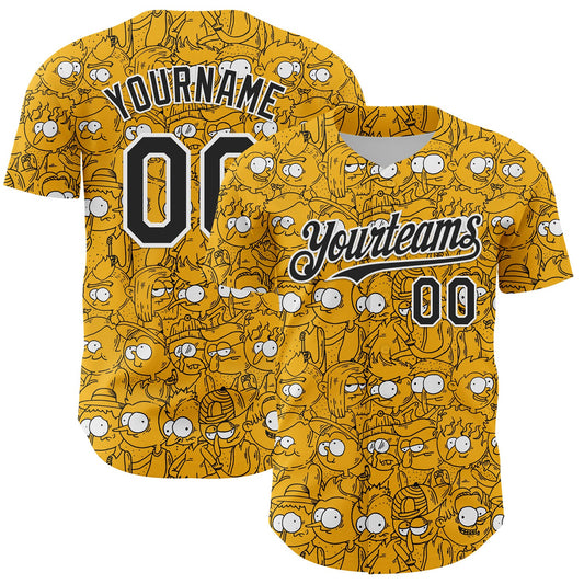 Custom Gold Black-White 3D Pattern Design Funny Cartoon People Authentic Baseball Jersey - Main View