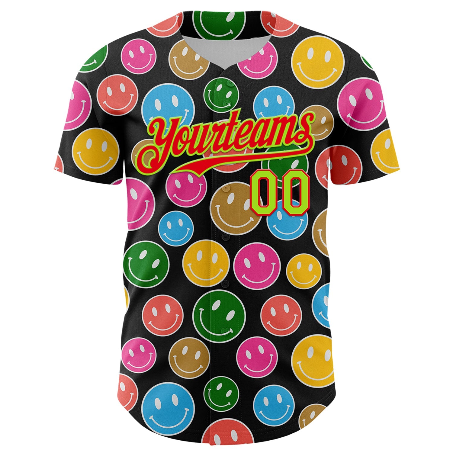 Custom Black Neon Green-Fire Red 3D Pattern Design Funny Cartoon Emoji Smile Face Authentic Baseball Jersey view 2