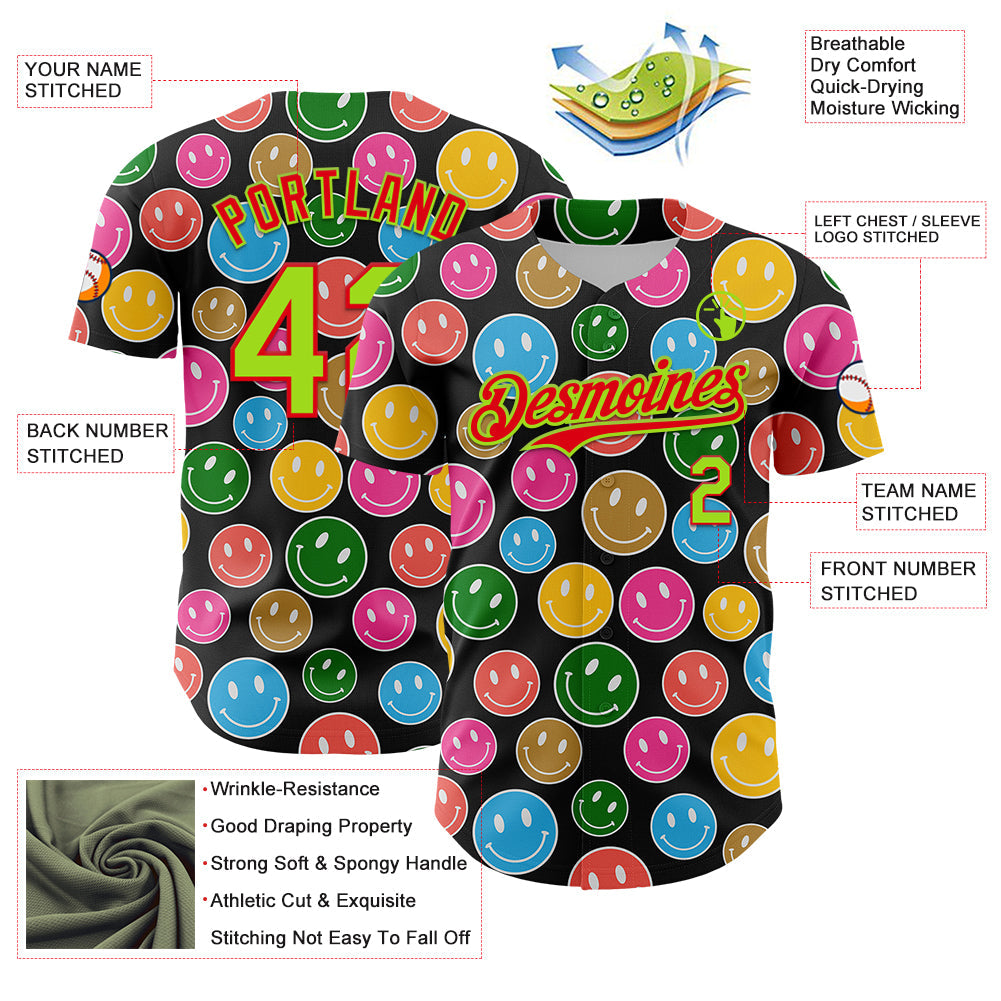 Custom Black Neon Green-Fire Red 3D Pattern Design Funny Cartoon Emoji Smile Face Authentic Baseball Jersey view 3