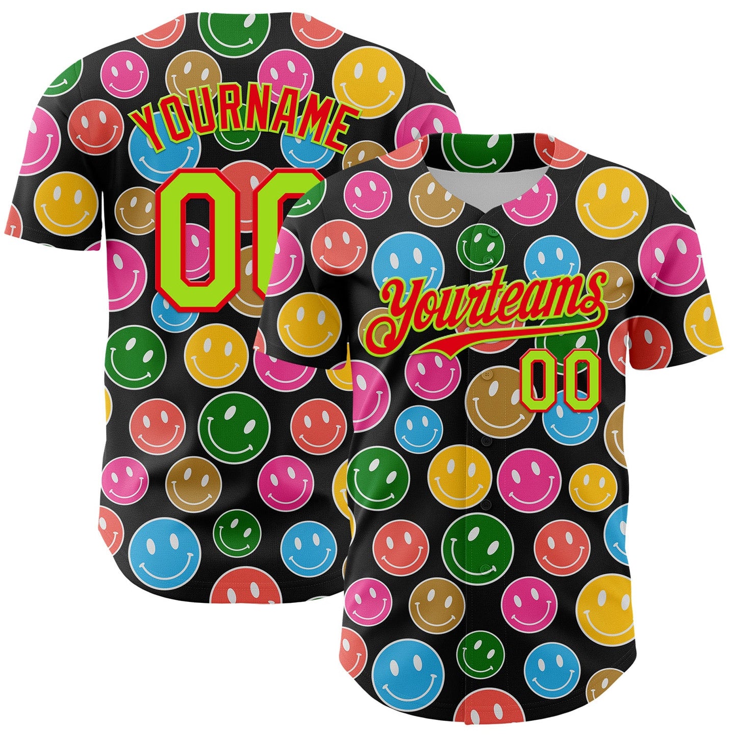 Custom Black Neon Green-Fire Red 3D Pattern Design Funny Cartoon Emoji Smile Face Authentic Baseball Jersey - Main View