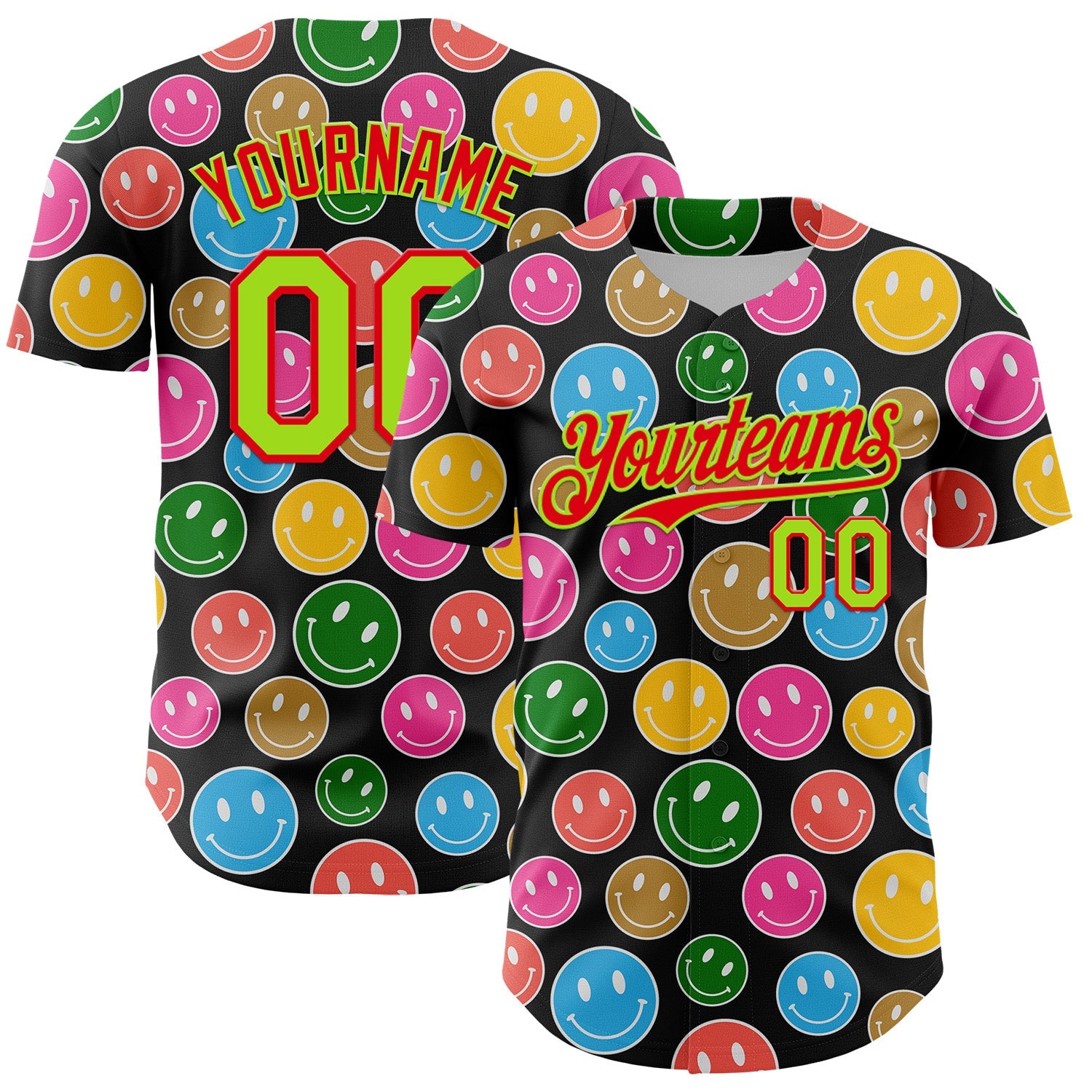 Custom Black Neon Green-Fire Red 3D Pattern Design Funny Cartoon Emoji Smile Face Authentic Baseball Jersey - Main View