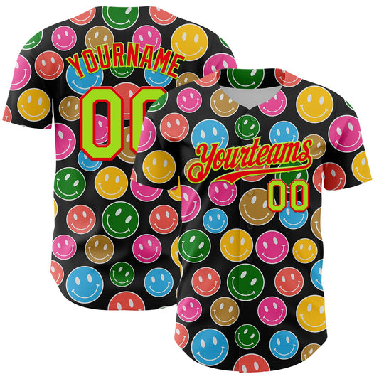 Custom Black Neon Green-Fire Red 3D Pattern Design Funny Cartoon Emoji Smile Face Authentic Baseball Jersey - Main View