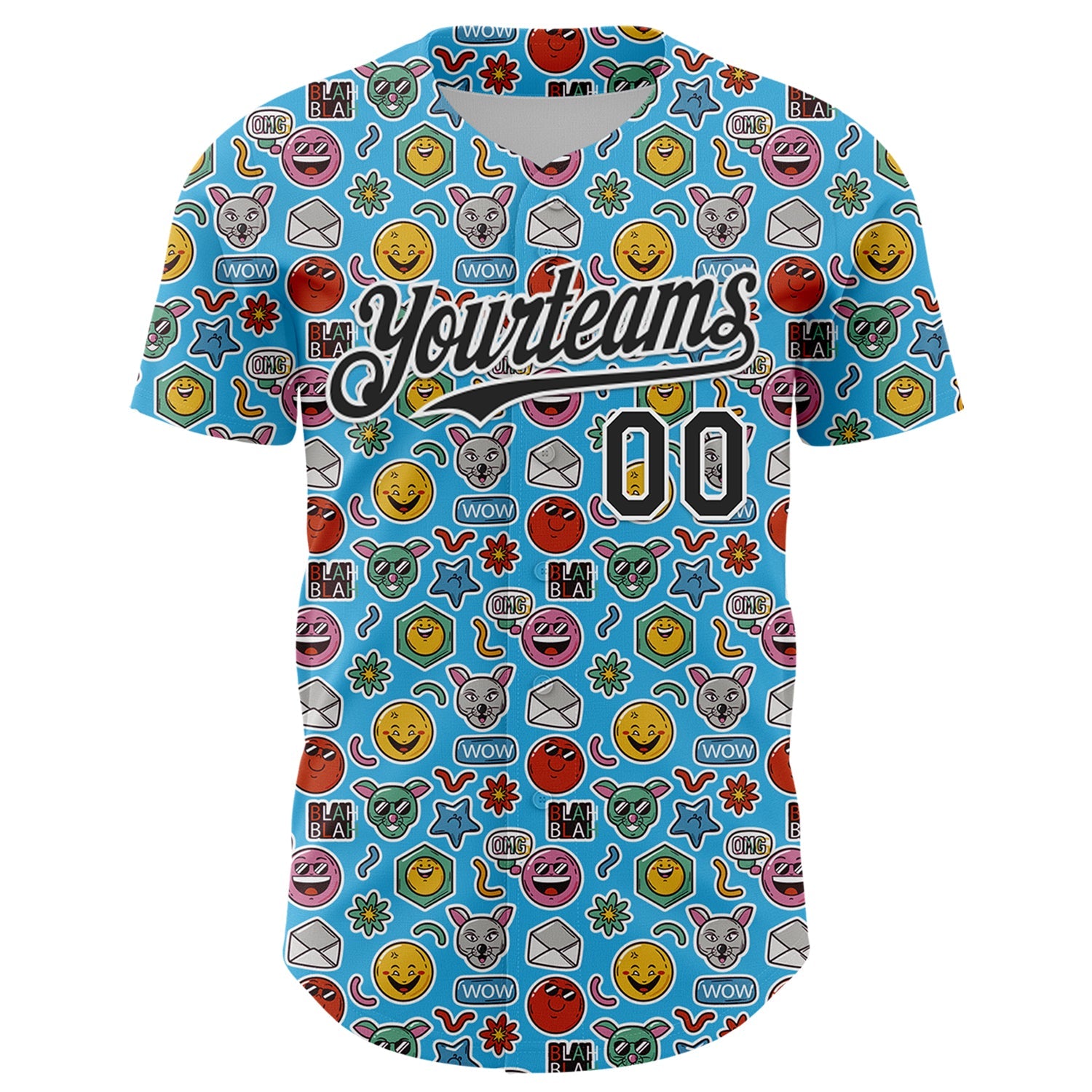 Custom Sky Blue Black-White 3D Pattern Design Funny Cartoon Emoji Authentic Baseball Jersey view 2