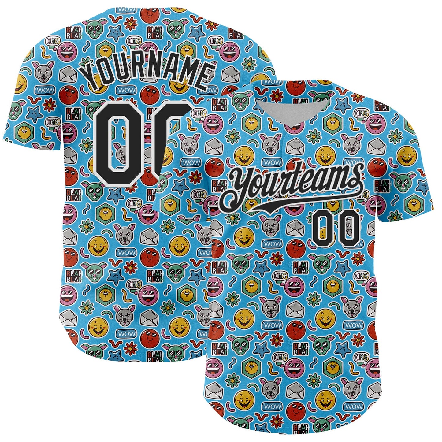 Custom Sky Blue Black-White 3D Pattern Design Funny Cartoon Emoji Authentic Baseball Jersey - Main View