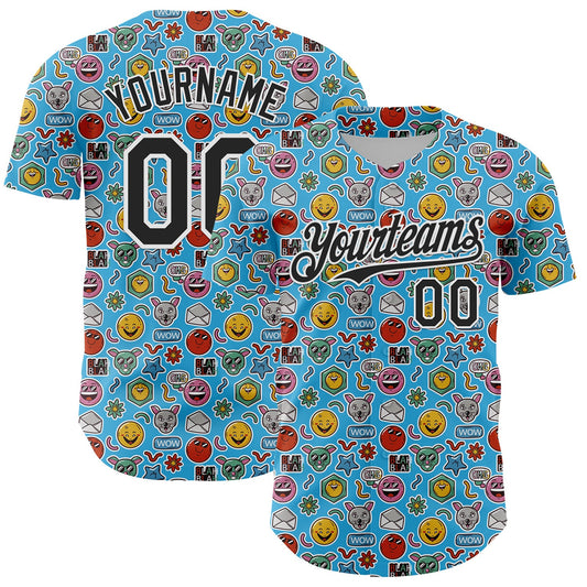 Custom Sky Blue Black-White 3D Pattern Design Funny Cartoon Emoji Authentic Baseball Jersey - Main View