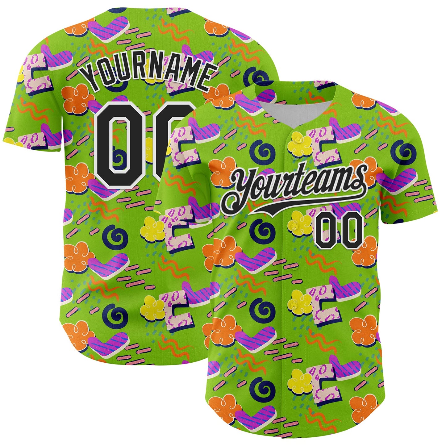 Custom Neon Green Black-White 3D Pattern Design Funny Cartoon Cloud Rain Authentic Baseball Jersey view 2