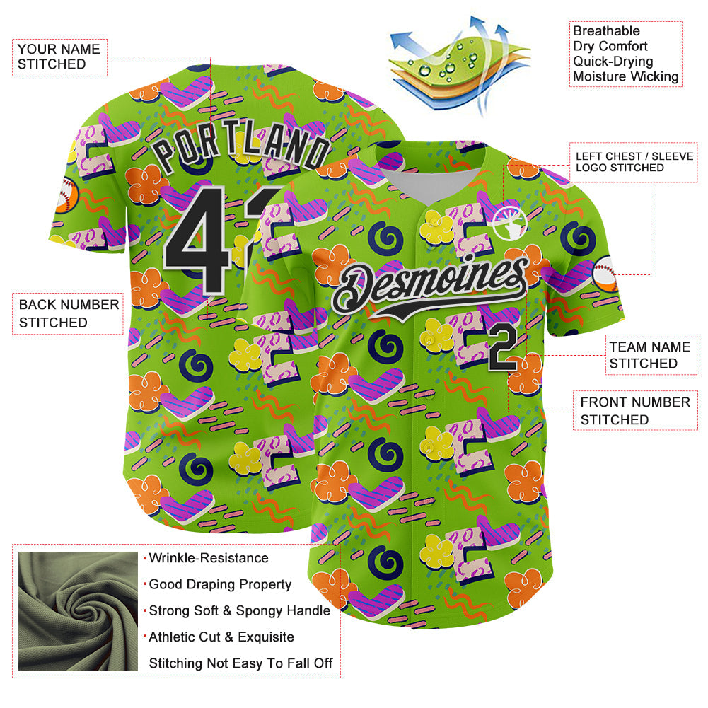Custom Neon Green Black-White 3D Pattern Design Funny Cartoon Cloud Rain Authentic Baseball Jersey view 3