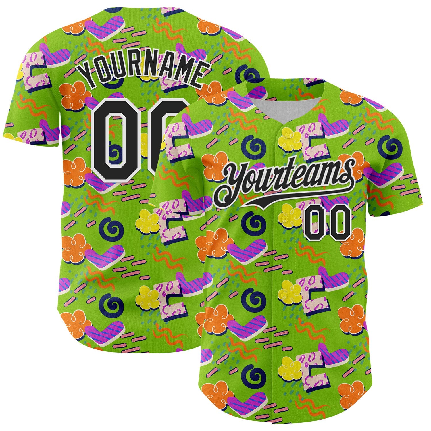 Custom Neon Green Black-White 3D Pattern Design Funny Cartoon Cloud Rain Authentic Baseball Jersey - Main View