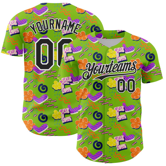 Custom Neon Green Black-White 3D Pattern Design Funny Cartoon Cloud Rain Authentic Baseball Jersey - Main View