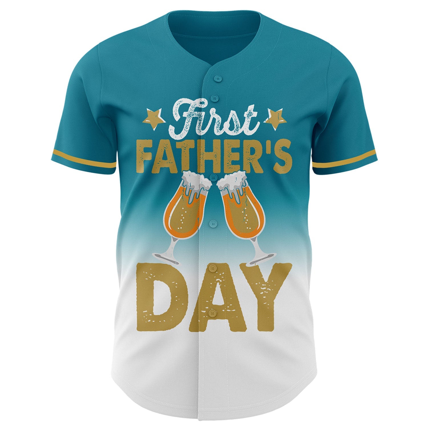 Custom Teal Old Gold-White 3D Pattern Design Father's Day Beer Lover Fade Authentic Baseball Jersey view 2