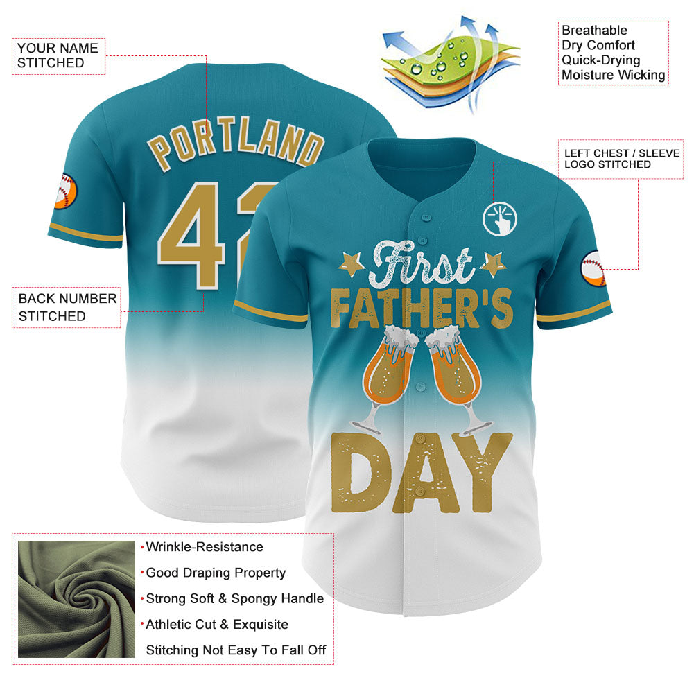 Custom Teal Old Gold-White 3D Pattern Design Father's Day Beer Lover Fade Authentic Baseball Jersey view 3