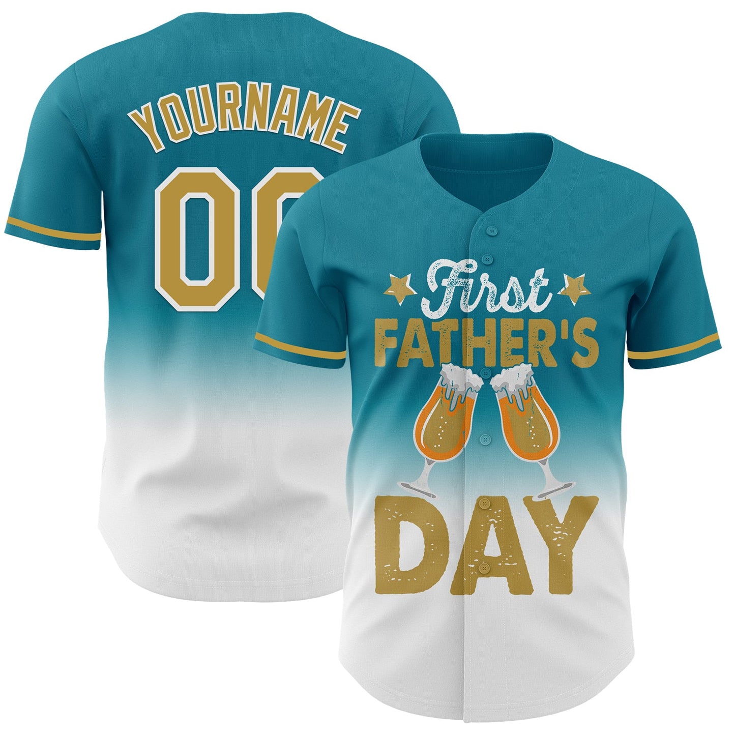 Custom Teal Old Gold-White 3D Pattern Design Father's Day Beer Lover Fade Authentic Baseball Jersey - Main View