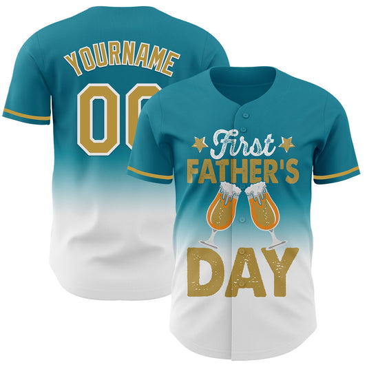 Custom Teal Old Gold-White 3D Pattern Design Father's Day Beer Lover Fade Authentic Baseball Jersey - Main View