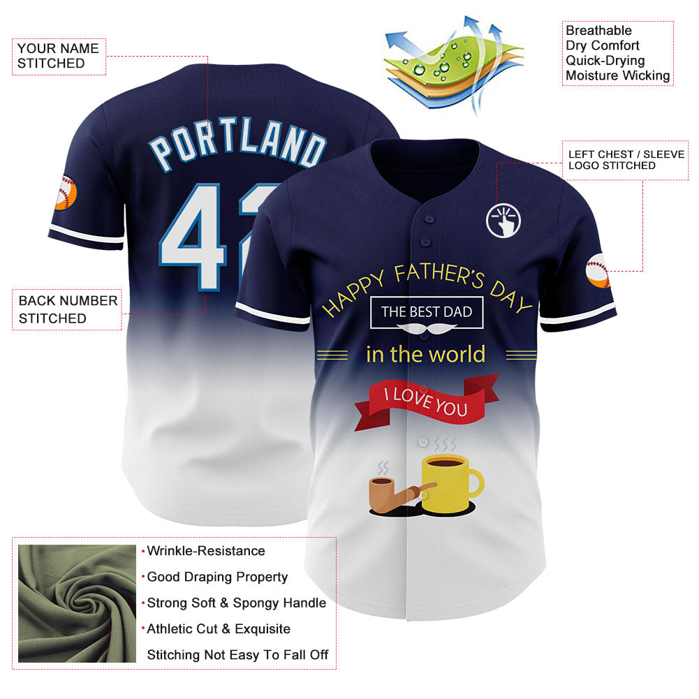 Custom Navy White-Blue 3D Pattern Design Father's Day Fade Authentic Baseball Jersey view 3
