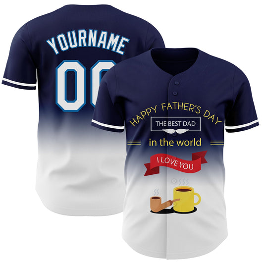 Custom Navy White-Blue 3D Pattern Design Father's Day Fade Authentic Baseball Jersey - Main View