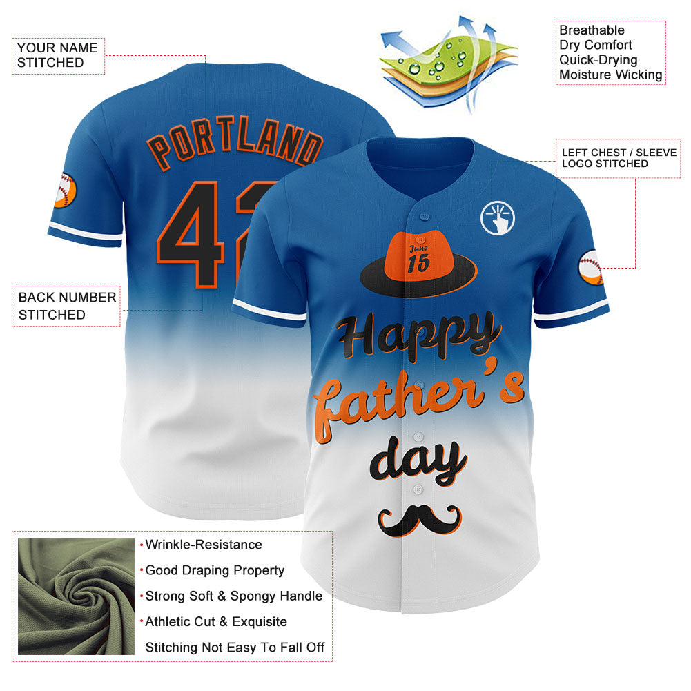 Custom Blue Black-Orange 3D Pattern Design Father's Day Fade Authentic Baseball Jersey view 3