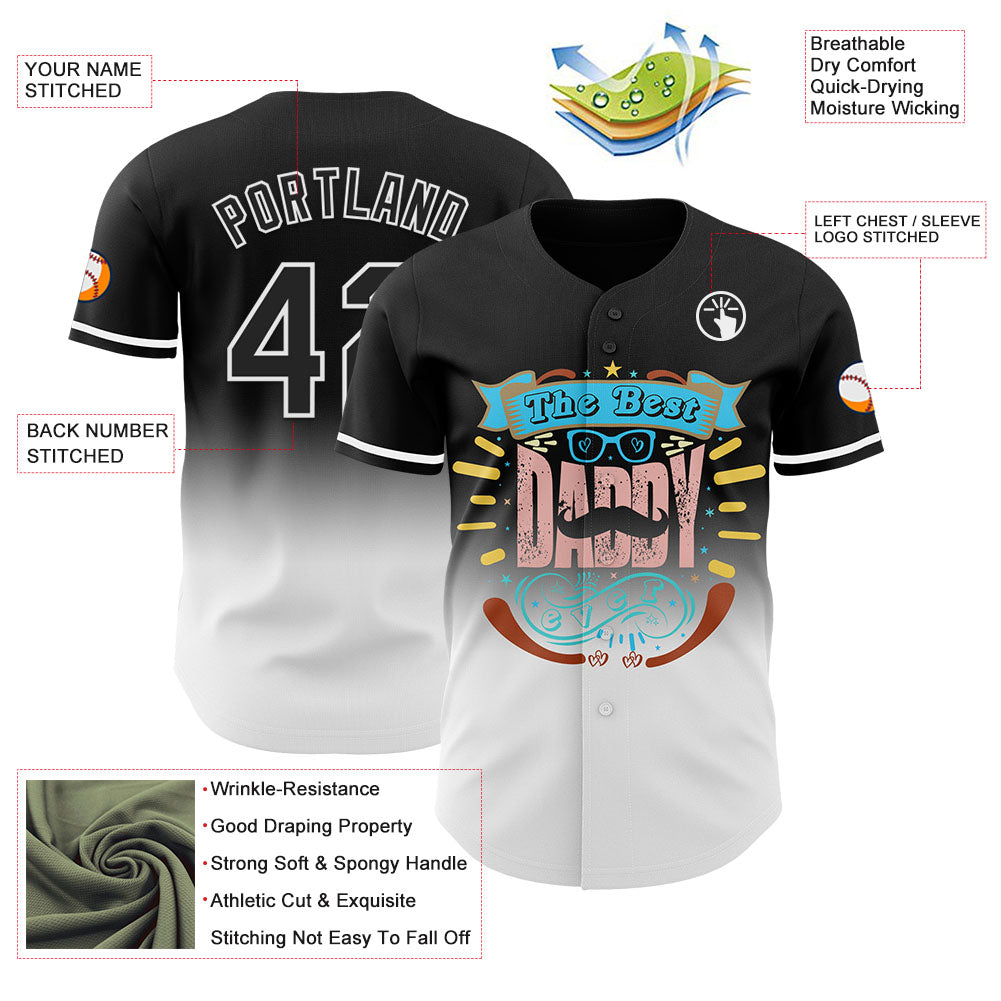Custom Black White 3D Pattern Design Father's Day Fade Authentic Baseball Jersey view 3
