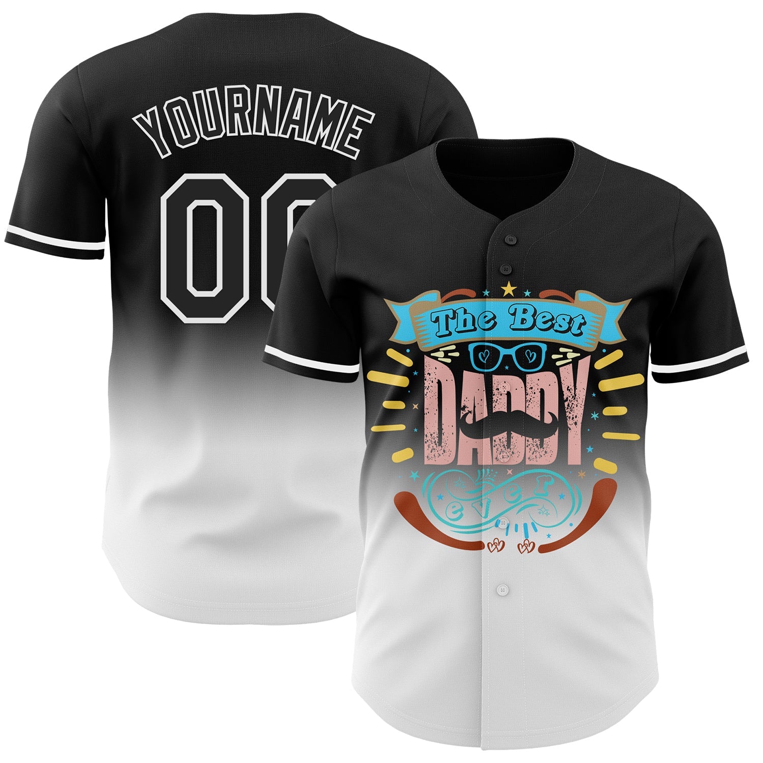 Custom Black White 3D Pattern Design Father's Day Fade Authentic Baseball Jersey - Main View