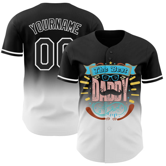 Custom Black White 3D Pattern Design Father's Day Fade Authentic Baseball Jersey - Main View