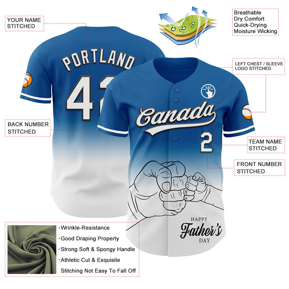 Custom Blue White-Black 3D Pattern Design Father's Day Family Love Fade Authentic Baseball Jersey view 3