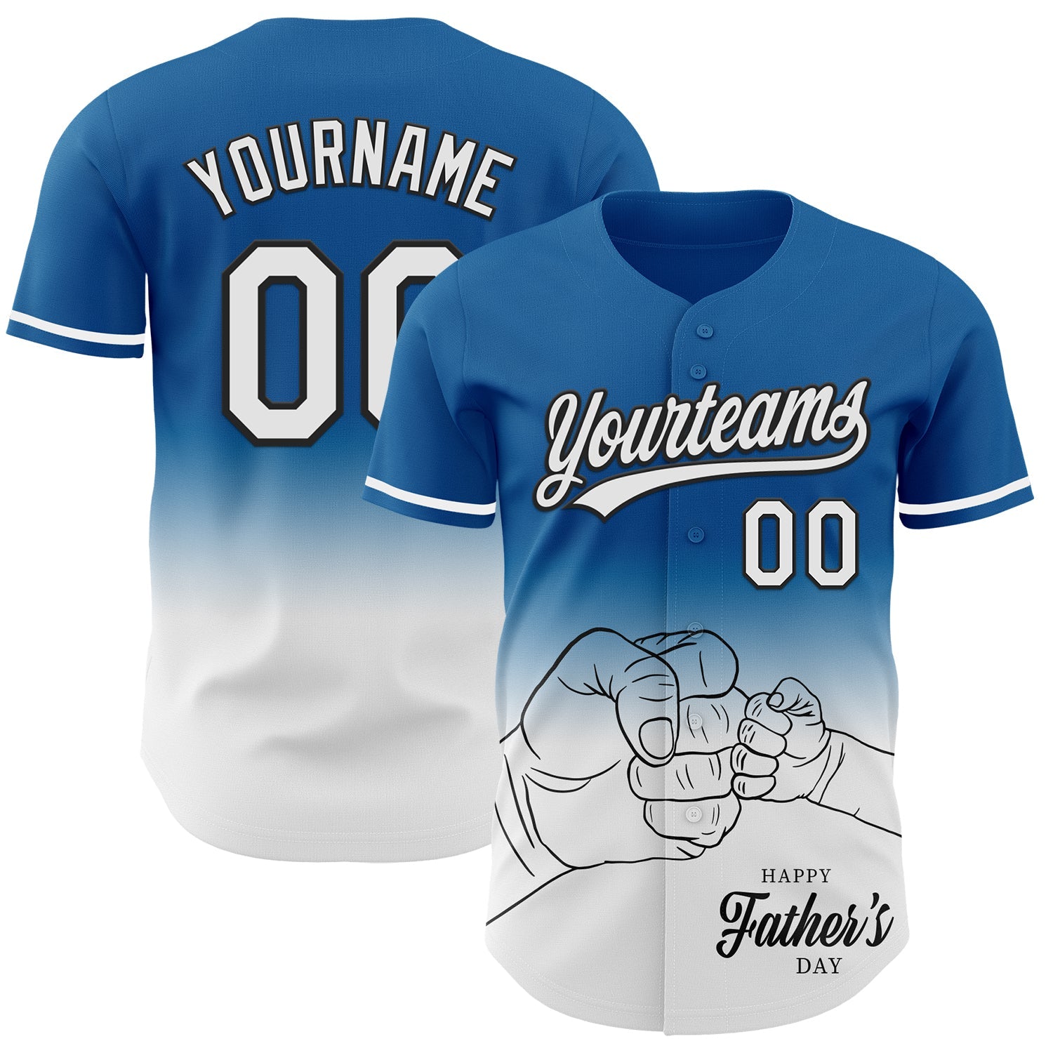 Custom Blue White-Black 3D Pattern Design Father's Day Family Love Fade Authentic Baseball Jersey - Main View