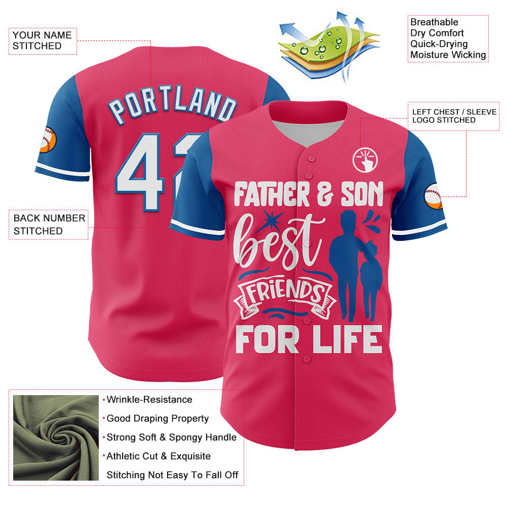 Custom Neon Pink White-Blue 3D Pattern Design Father's Day Family Love Authentic Baseball Jersey view 3