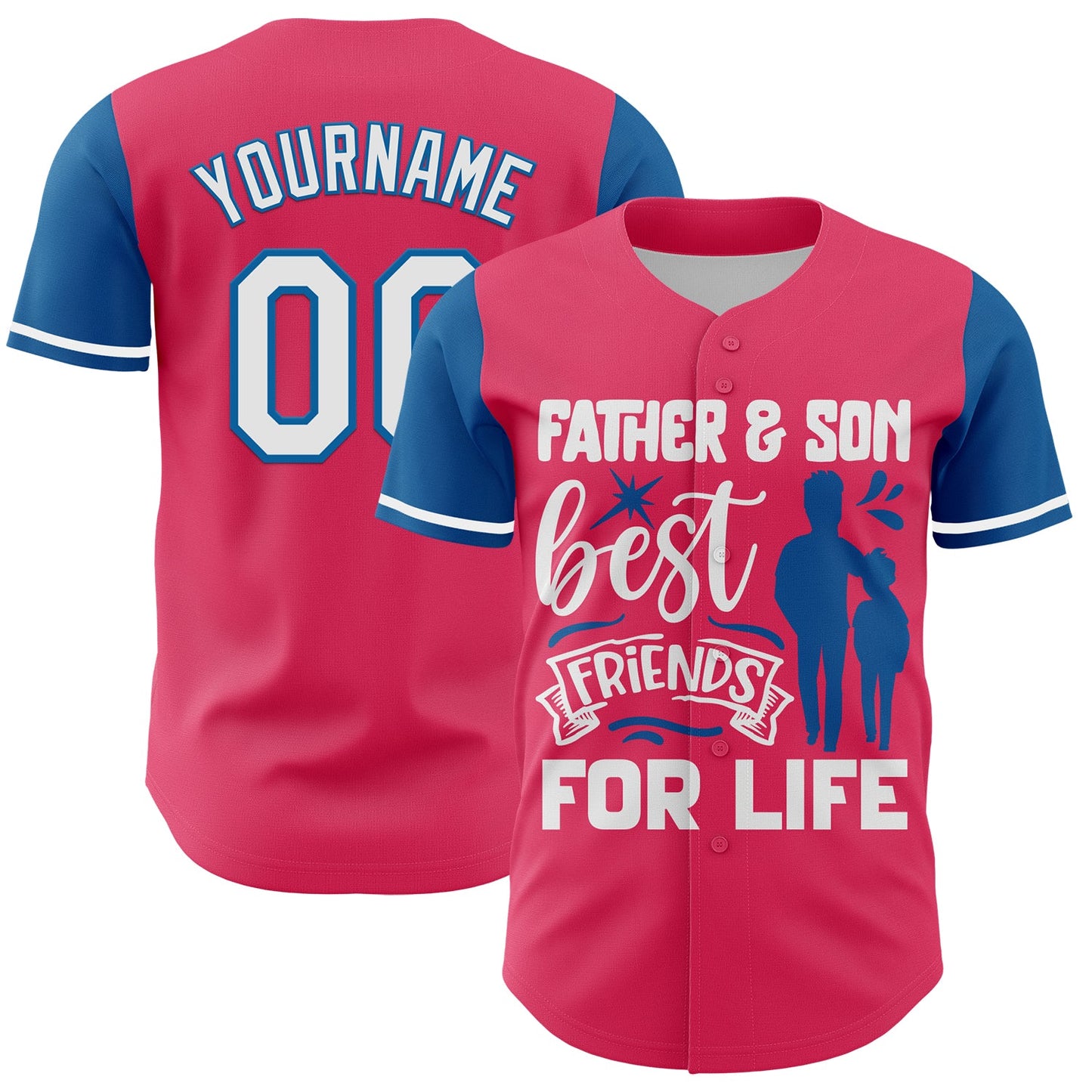 Custom Neon Pink White-Blue 3D Pattern Design Father's Day Family Love Authentic Baseball Jersey - Main View