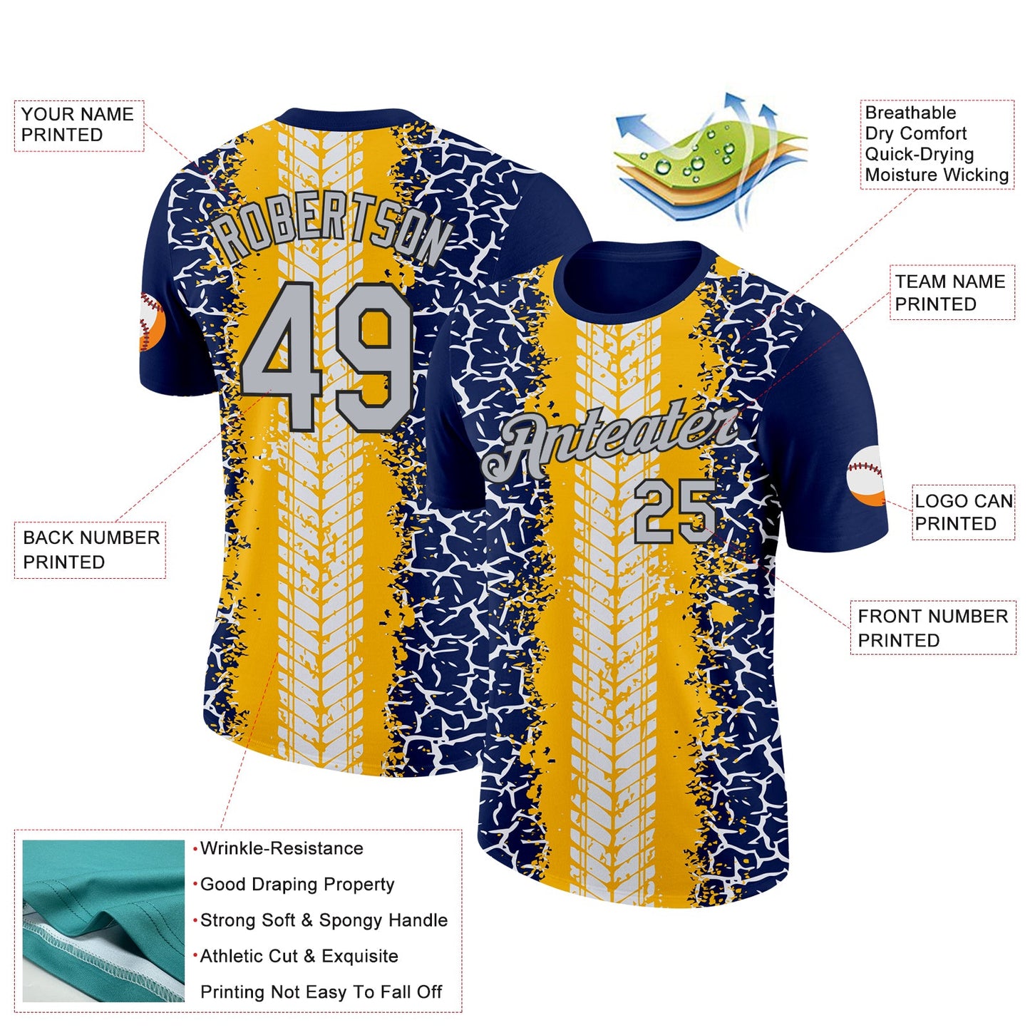 Custom Navy Light Gray Gold-Black 3D Esports Performance T-Shirt view 2
