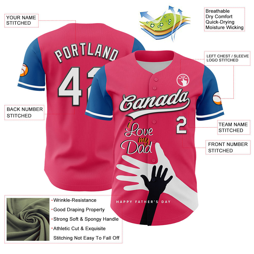 Custom Neon Pink White-Blue 3D Pattern Design Father's Day Family Love Authentic Baseball Jersey view 3