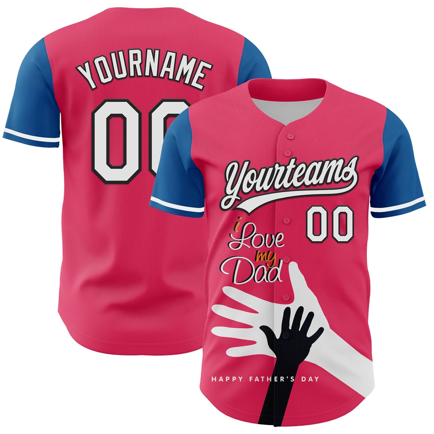 Custom Neon Pink White-Blue 3D Pattern Design Father's Day Family Love Authentic Baseball Jersey - Main View