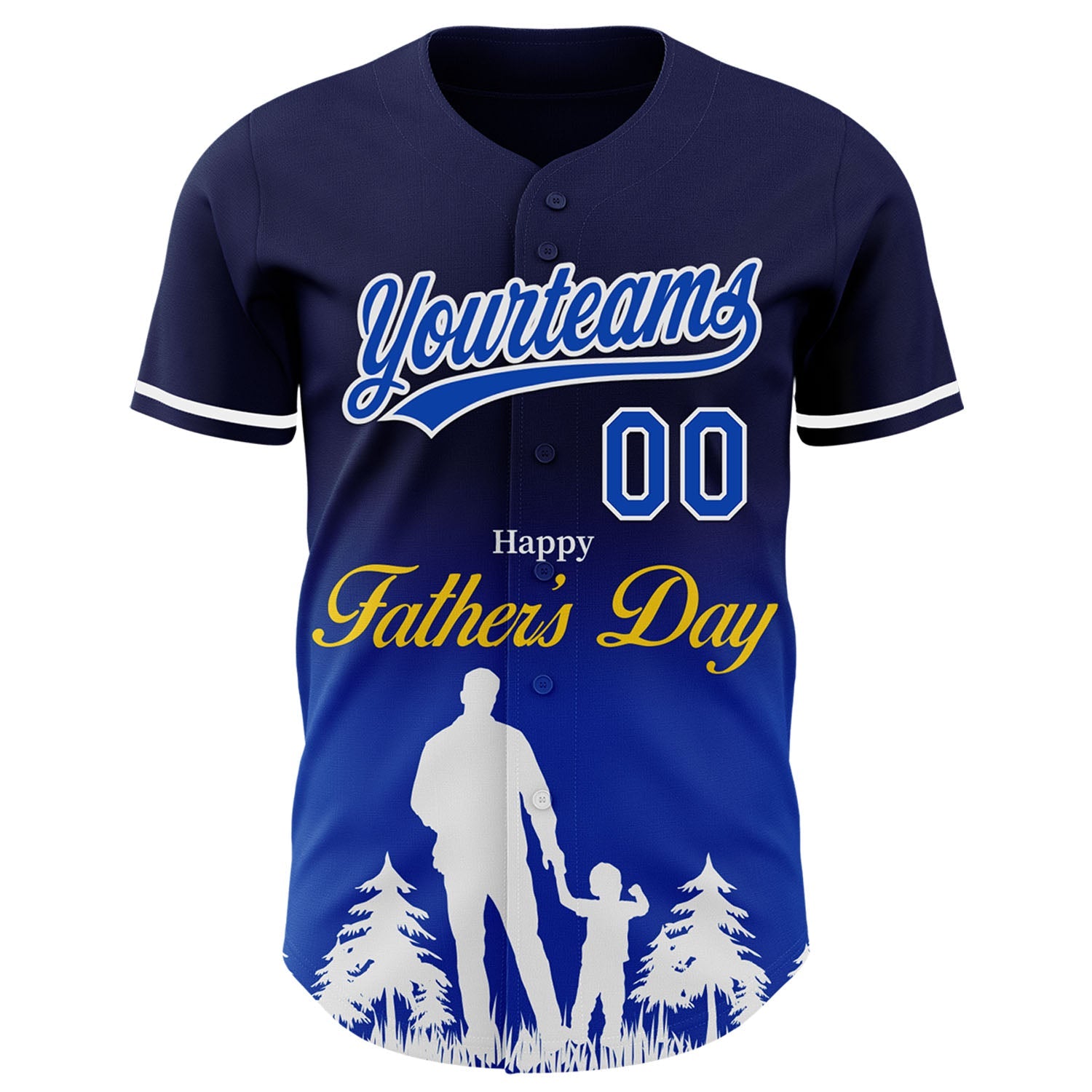 Custom Navy Thunder Blue-White 3D Pattern Design Father's Day Family Love Fade Authentic Baseball Jersey view 2