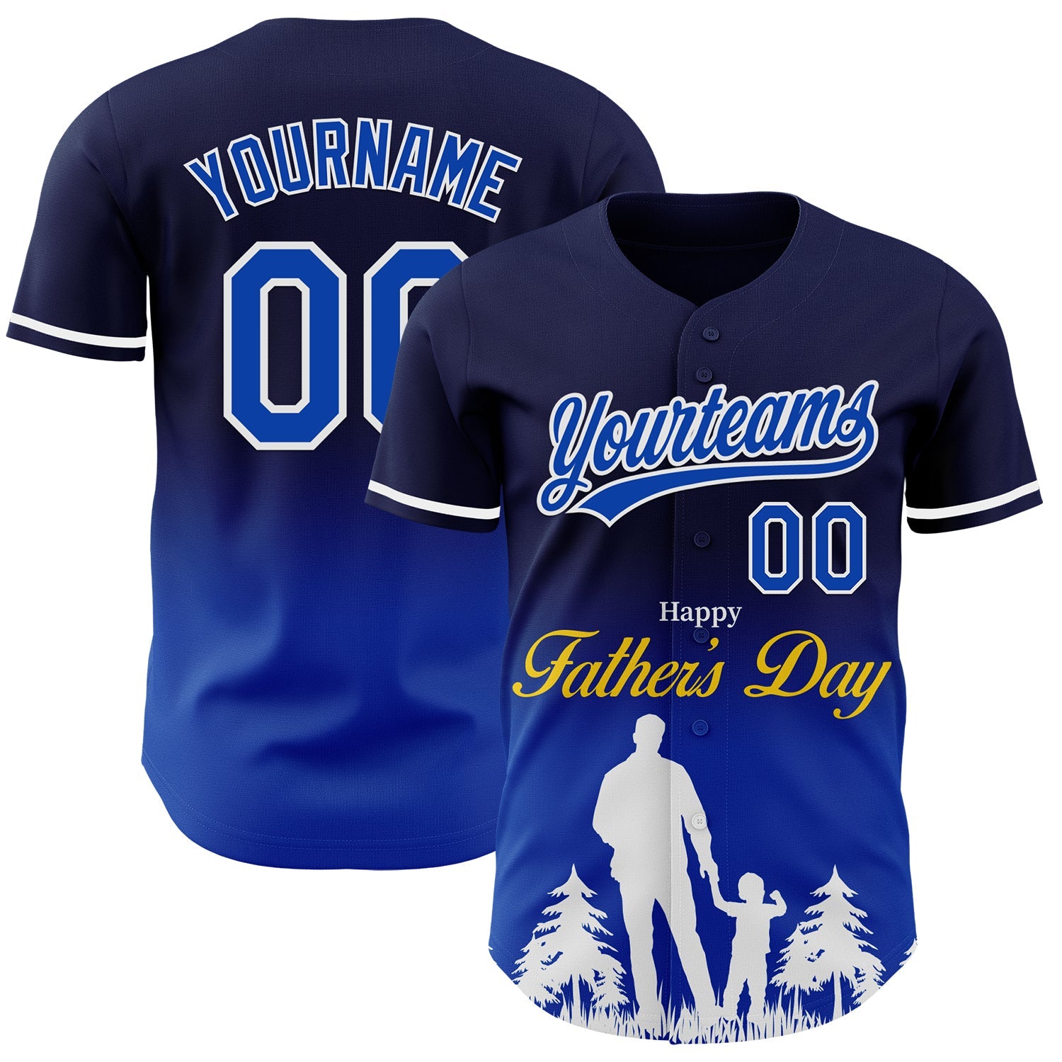 Custom Navy Thunder Blue-White 3D Pattern Design Father's Day Family Love Fade Authentic Baseball Jersey - Main View