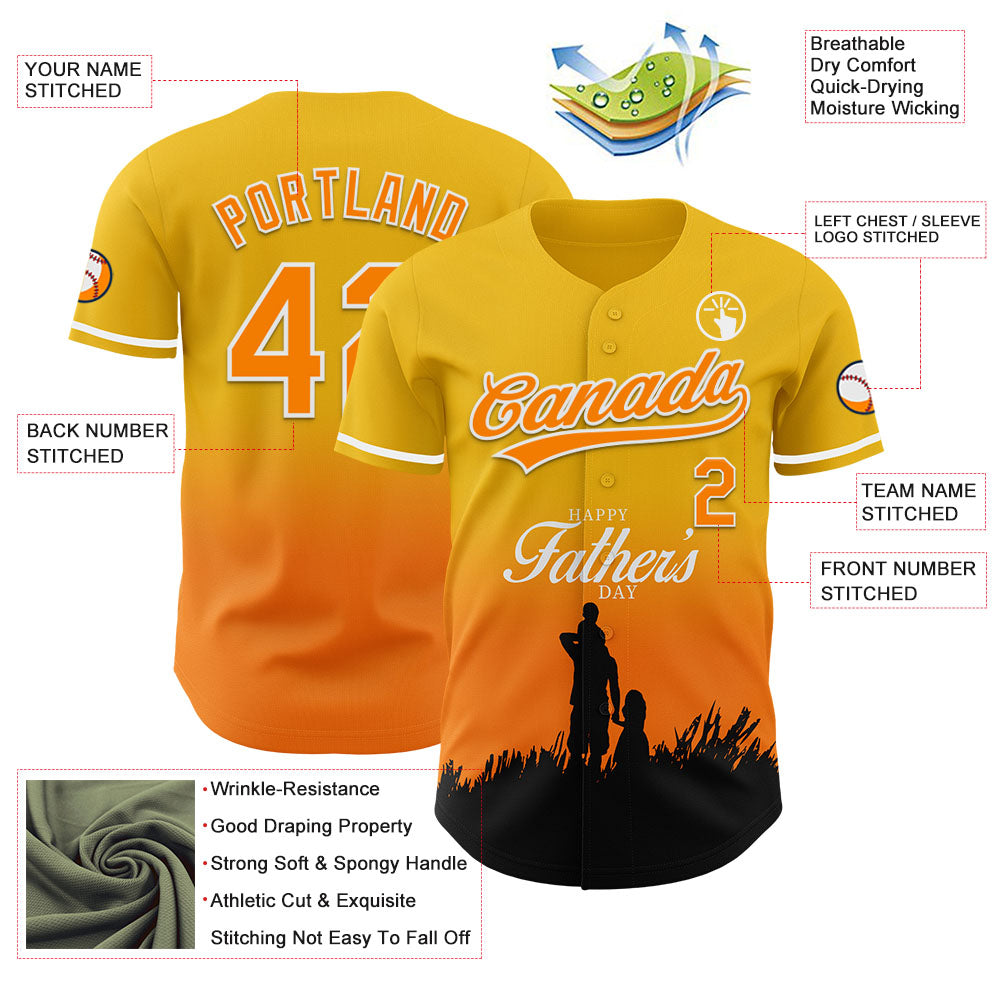 Custom Yellow Bay Orange-White 3D Pattern Design Father's Day Family Love Fade Authentic Baseball Jersey view 3