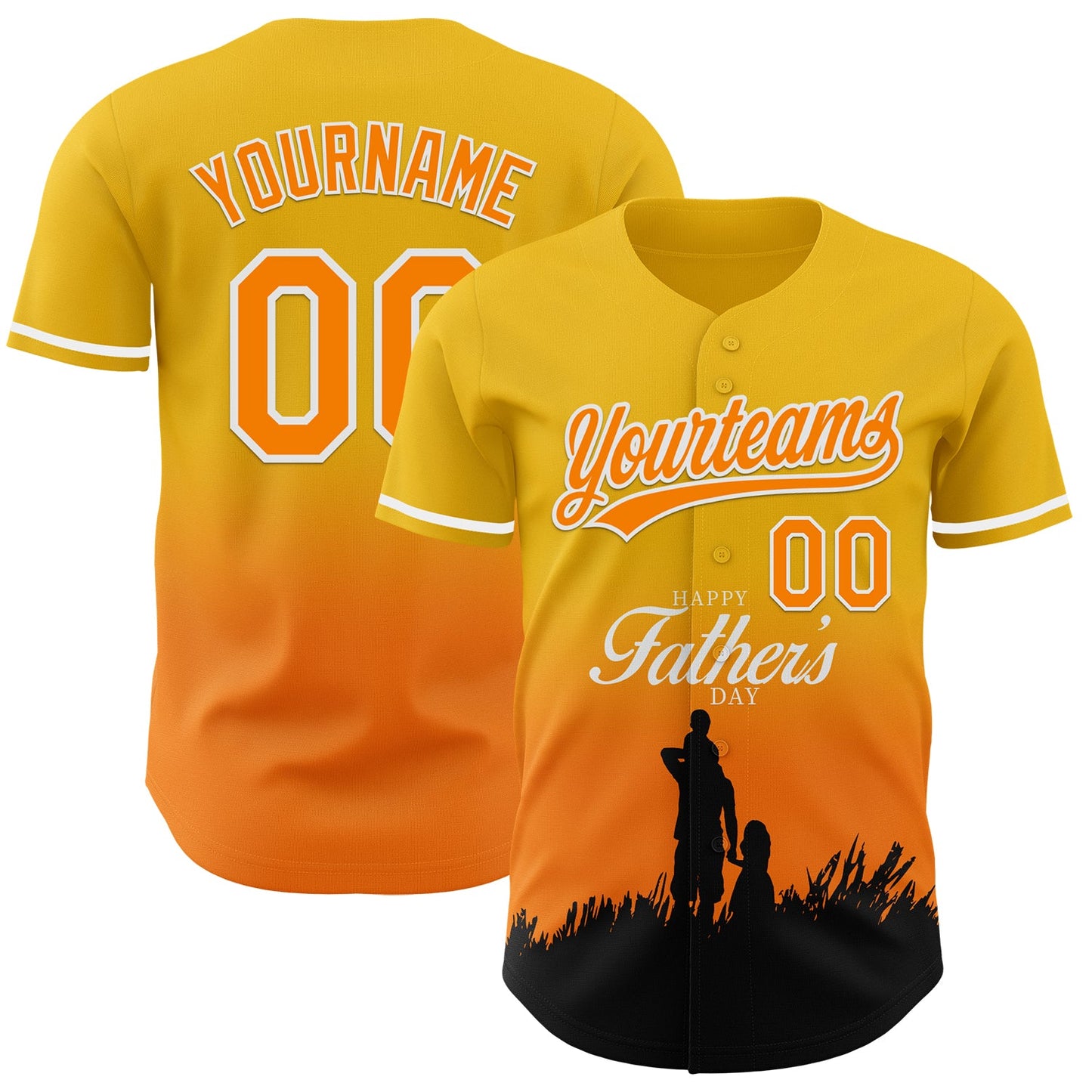 Custom Yellow Bay Orange-White 3D Pattern Design Father's Day Family Love Fade Authentic Baseball Jersey - Main View