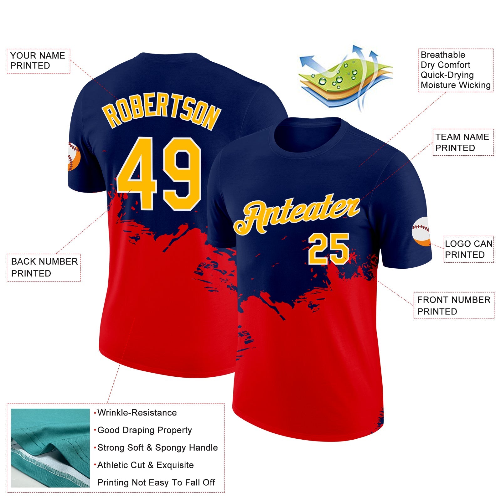 Custom Navy Gold-Fire Red 3D Esports Performance T-Shirt view 2