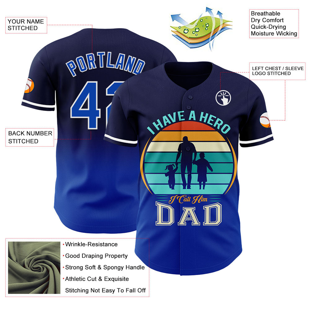 Custom Navy Thunder Blue-White 3D Pattern Design Father's Day Family Love Fade Authentic Baseball Jersey view 3