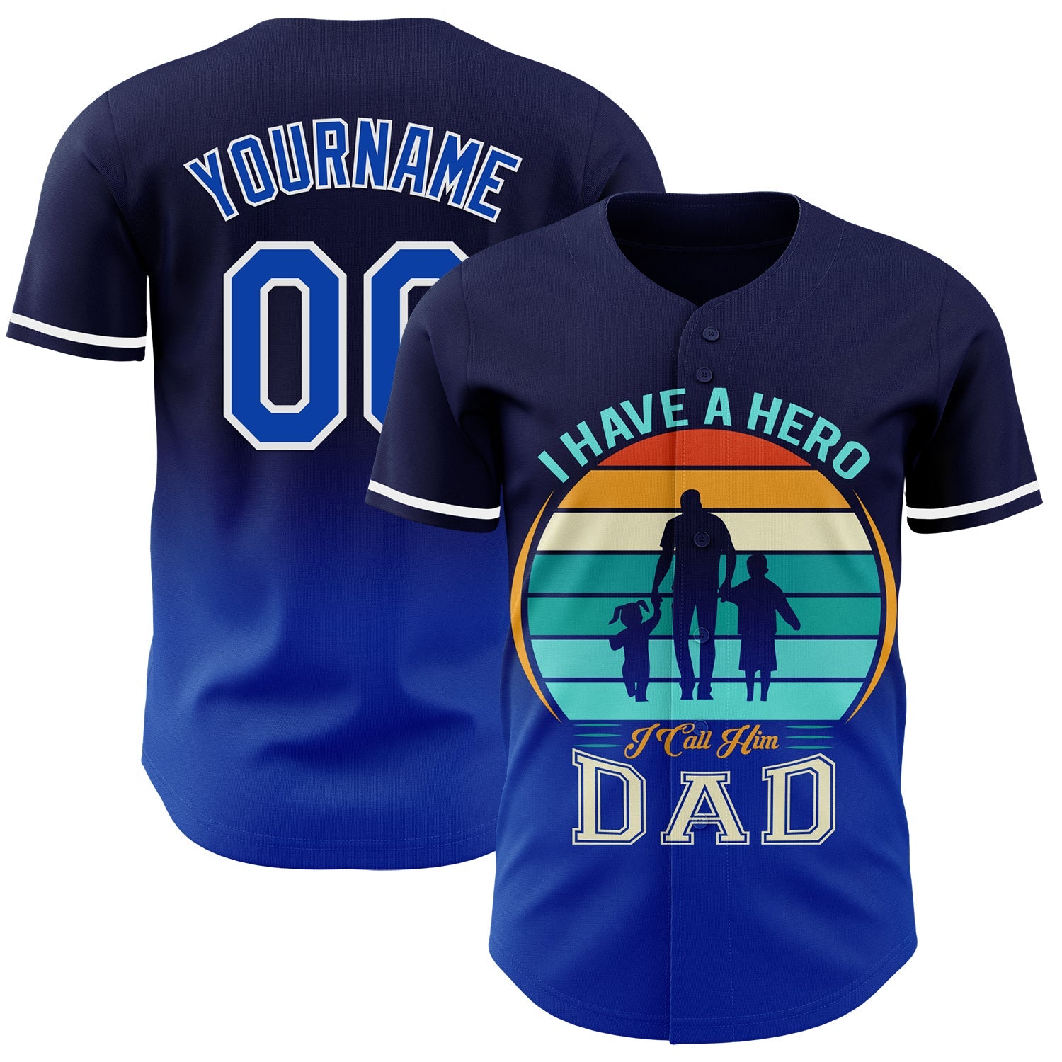 Custom Navy Thunder Blue-White 3D Pattern Design Father's Day Family Love Fade Authentic Baseball Jersey - Main View