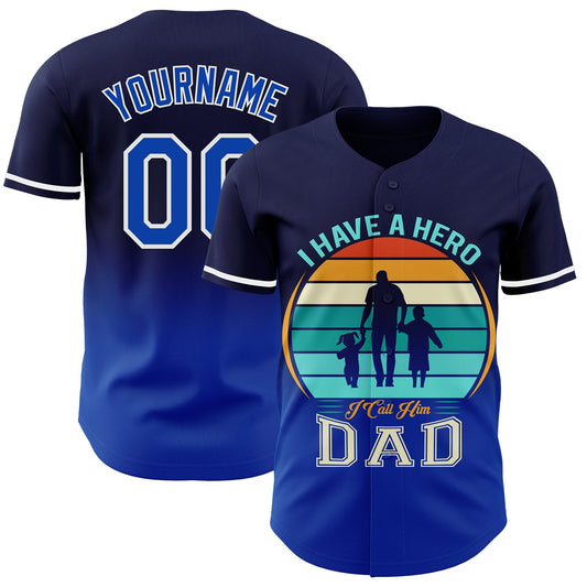 Custom Navy Thunder Blue-White 3D Pattern Design Father's Day Family Love Fade Authentic Baseball Jersey - Main View