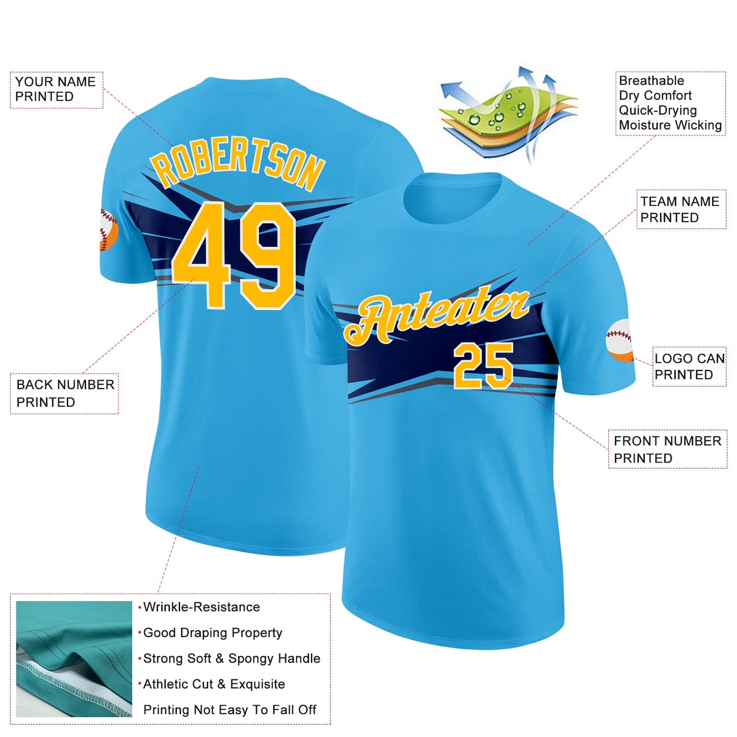 Custom Sky Blue Gold Navy-Gray 3D Esports Performance T-Shirt view 2
