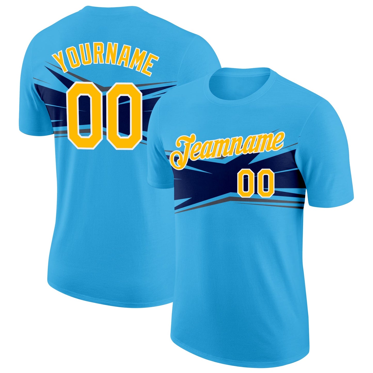 Custom Sky Blue Gold Navy-Gray 3D Esports Performance T-Shirt - Main View