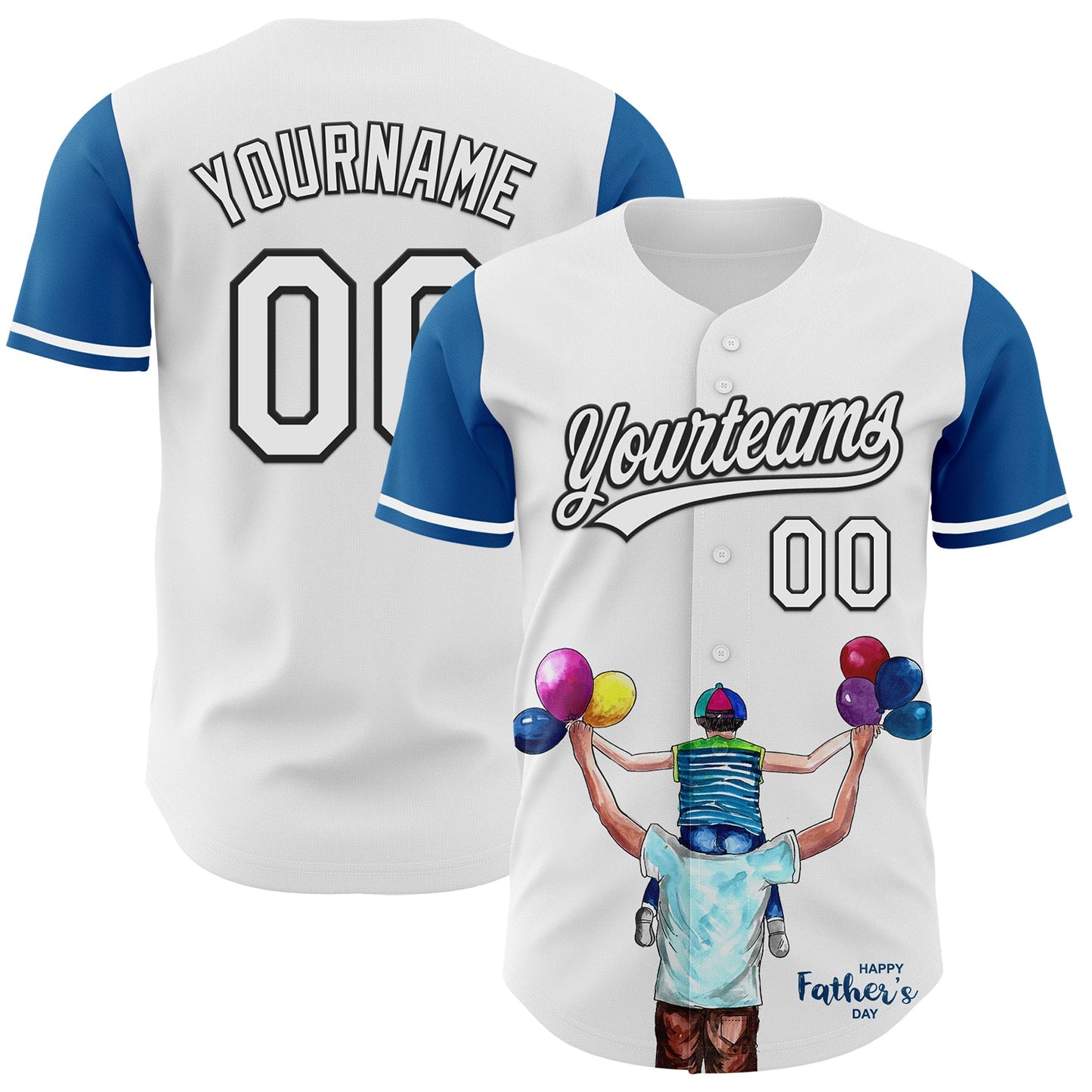 Custom White Thunder Blue-Black 3D Pattern Design Father's Day Family Love Authentic Baseball Jersey - Main View