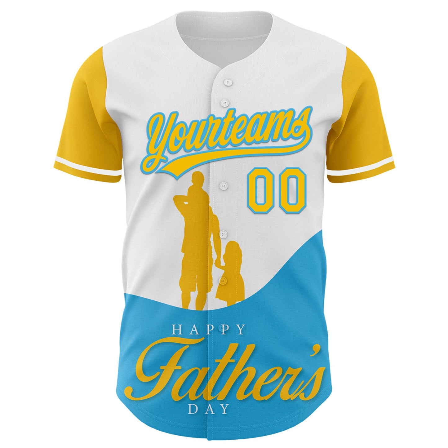 Custom White Yellow-Sky Blue 3D Pattern Design Father's Day Family Love Authentic Baseball Jersey view 2