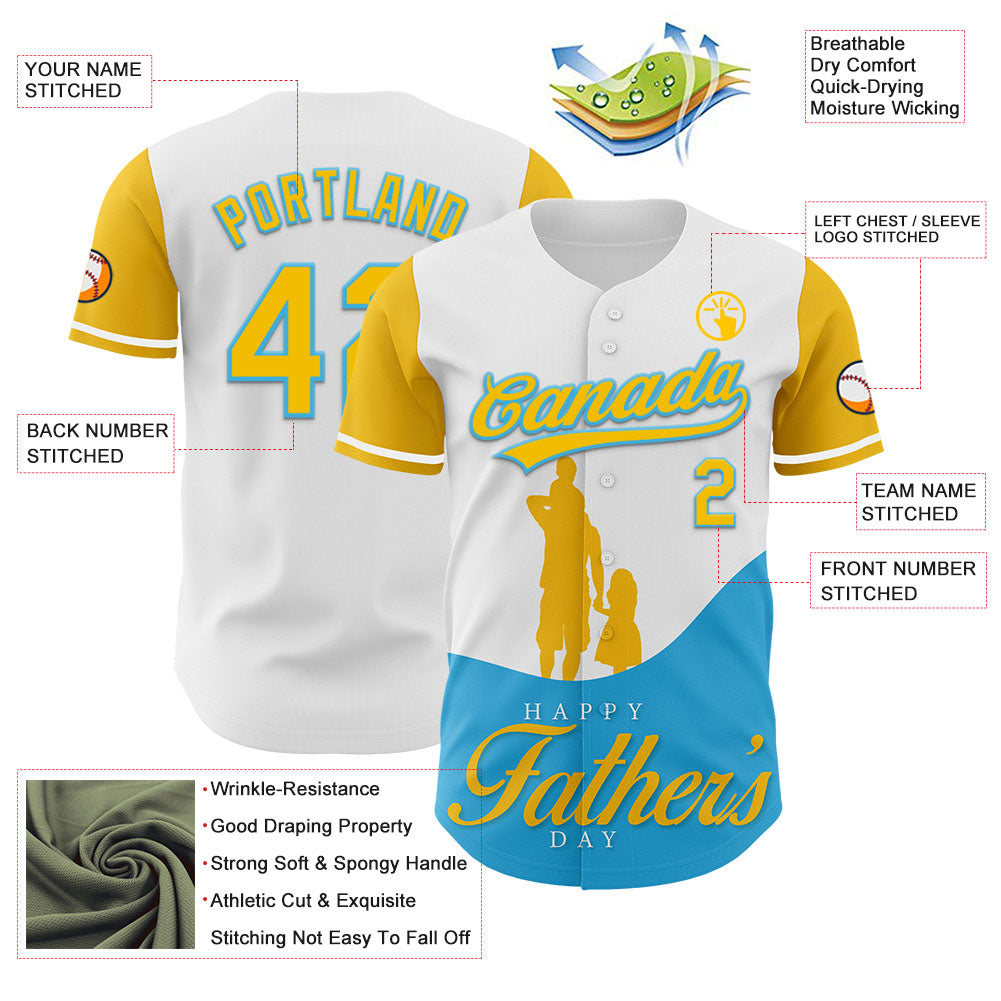 Custom White Yellow-Sky Blue 3D Pattern Design Father's Day Family Love Authentic Baseball Jersey view 3