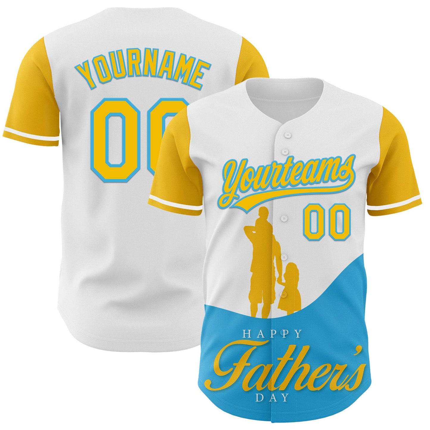 Custom White Yellow-Sky Blue 3D Pattern Design Father's Day Family Love Authentic Baseball Jersey - Main View