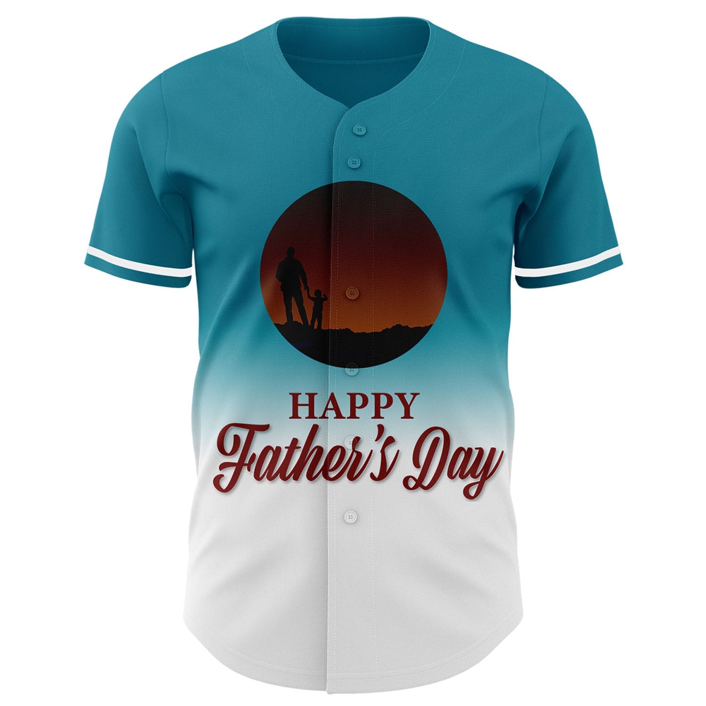 Custom Teal White-Electric Blue 3D Pattern Design Father's Day Family Love Fade Authentic Baseball Jersey view 2